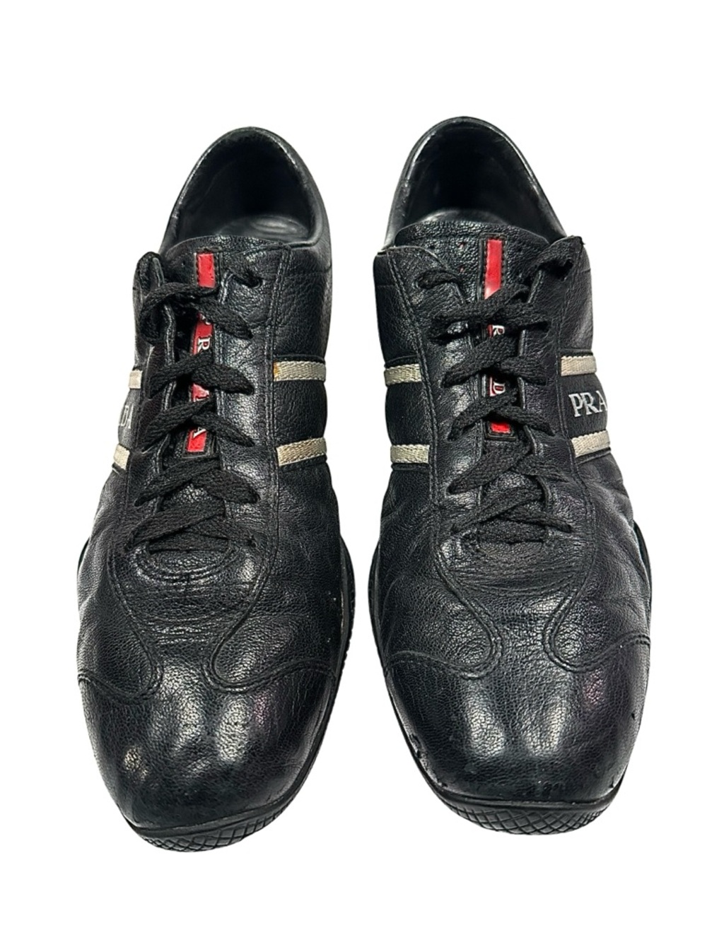 Prada Black Leather Sneakers Red Stripe Low Top Men’s Size 8